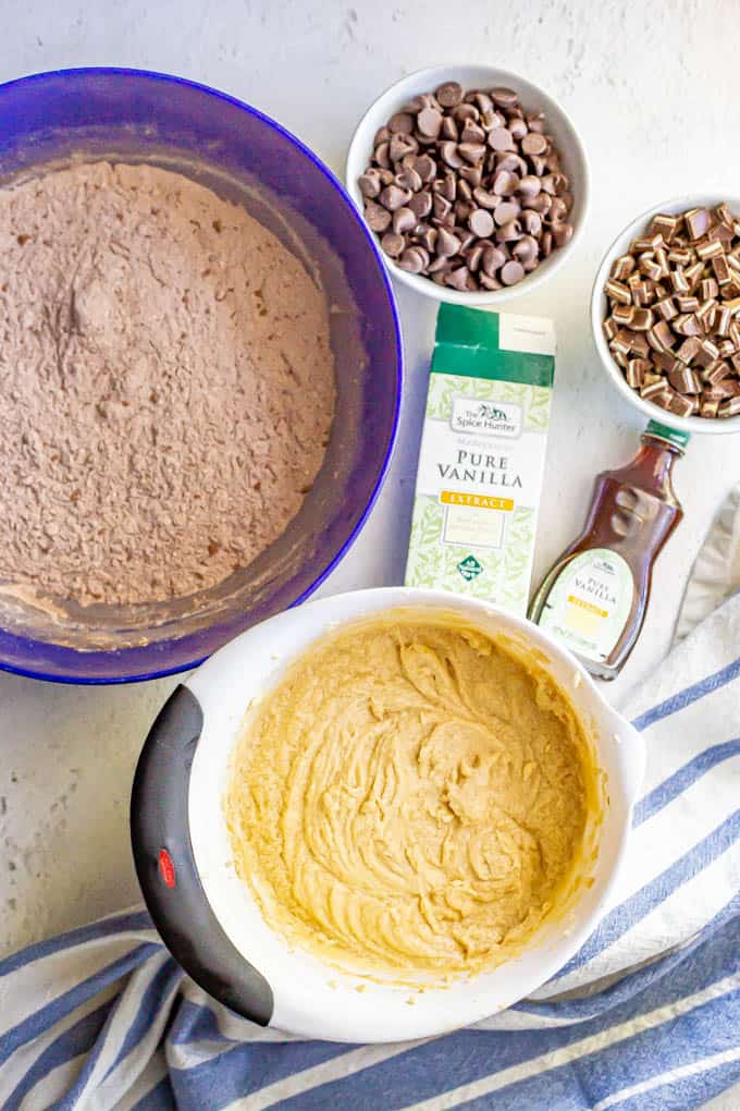 Ingredients laid out in separate bowls for baking cookies