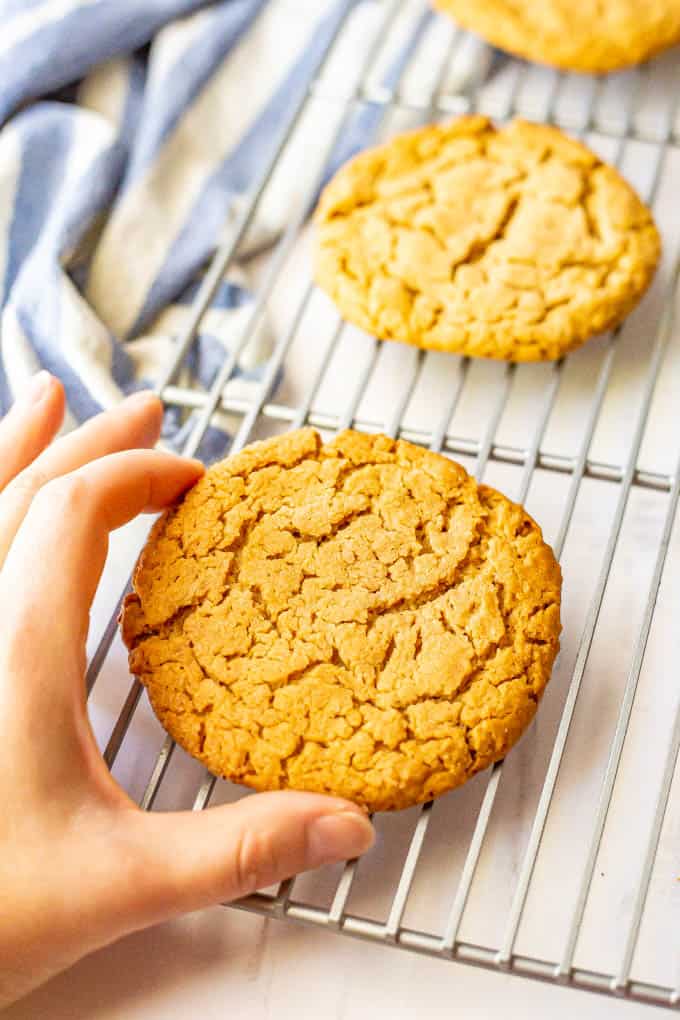 A hand picking up a peanut butter cookie from a cooling rack