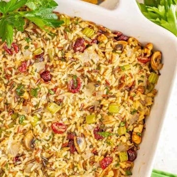 Wild rice dressing after being baked in the oven