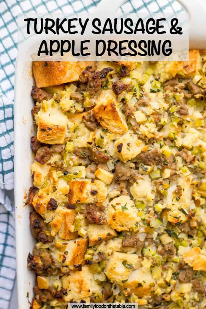 Turkey sausage and apple dressing is an easy, hearty and delicious side dish made with fresh ingredients. It can be prepped ahead and comes out so delicious - perfect for Thanksgiving! #Thanksgiving #Thanksgivingfood #Thanksgivingtable #holidayfood
