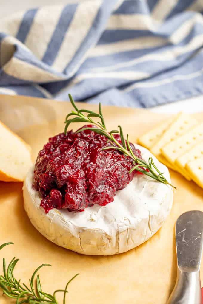 Holiday brie cheese with cranberry sauce and a sprig of fresh rosemary, ready to serve