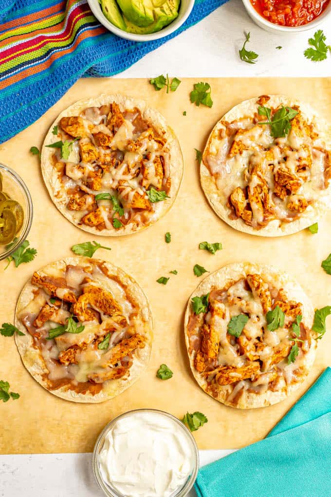 Easy turkey tostadas on parchment paper after baking in oven