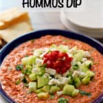 Holiday hummus has a roasted red pepper hummus base that gets dressed up with chopped cucumber and feta cheese for an easy, but fancy, holiday appetizer! #hummus #appetizers #holidays #holidayfood #partyfood #cocktailparty #holidayparty