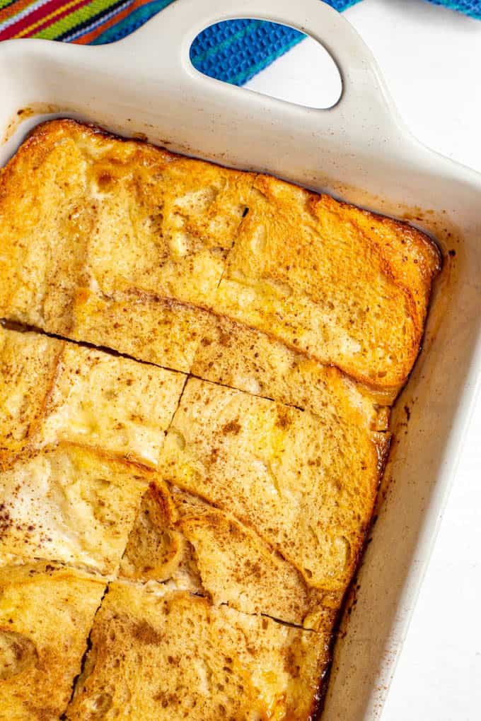 French toast in a casserole dish fresh out of the oven