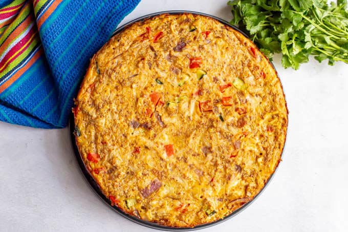 A baked frittata with chicken, peppers and zucchini