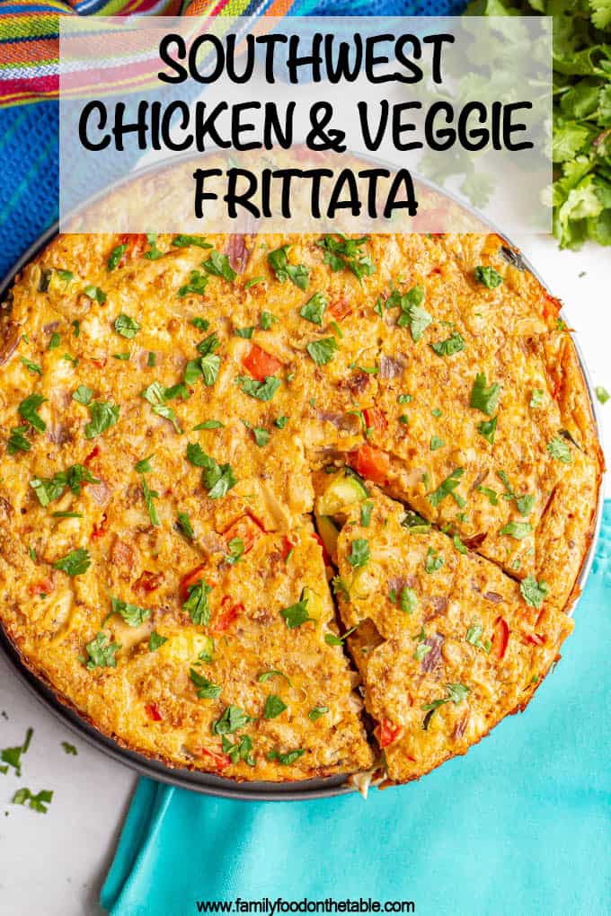 Southwestern chicken and veggie frittata is loaded with peppers, zucchini, leftover chopped chicken, a cheesy egg mixture and the perfect blend of spices. This baked frittata is easy to make and delicious for brunch or breakfast-for-dinner! #frittata #breakfast #brunch #brunchrecipes #eggrecipes