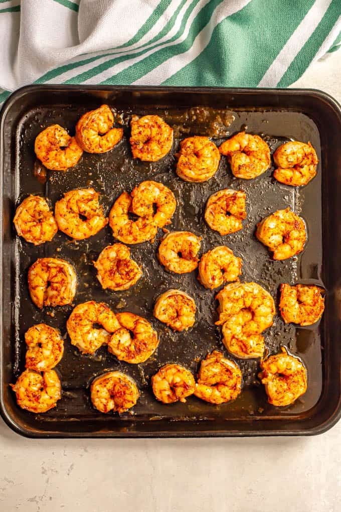 Cooked spicy shrimp on a roasting sheet