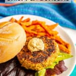 Easy chickpea burgers come together quickly, are sturdy while cooking and have delicious flavor! Add your favorite toppings and use these vegetarian burgers for burgers, wraps, on salads or in grain bowls at lunch or dinner. #chickpeas #veggieburger #vegetarianrecipes #burgers #healthyeating #healthyrecipes