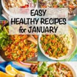 A collage of six different healthy recipes, including a shrimp skillet and a chicken chili, with a text overlay on the photo.