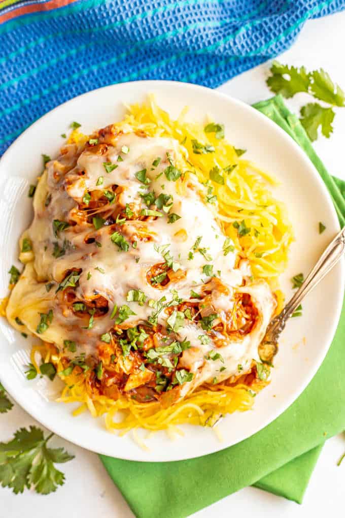 Spaghetti squash served on a white plate with a chicken enchilada mixture and melted cheese piled on top