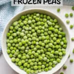 Frozen peas in a white bowl with extra peas scattered nearby and a text overlay on the photo.