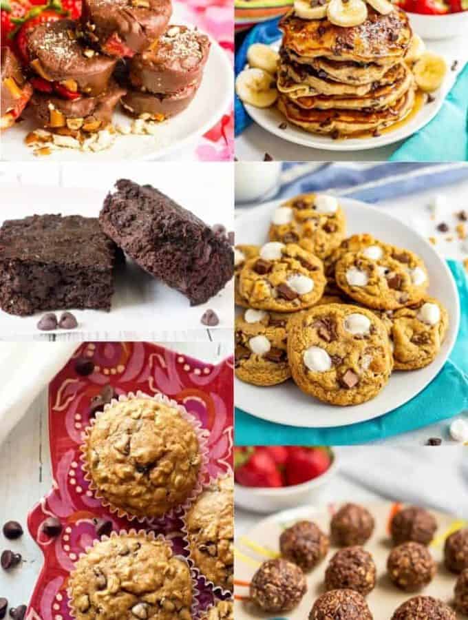 A collage of different chocolate dishes, including pancakes, brownies, cookies and muffins.