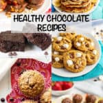 A collage of six chocolate snacks, including pancakes, brownies, smores cookies and muffins, with a text overlay on the photo.