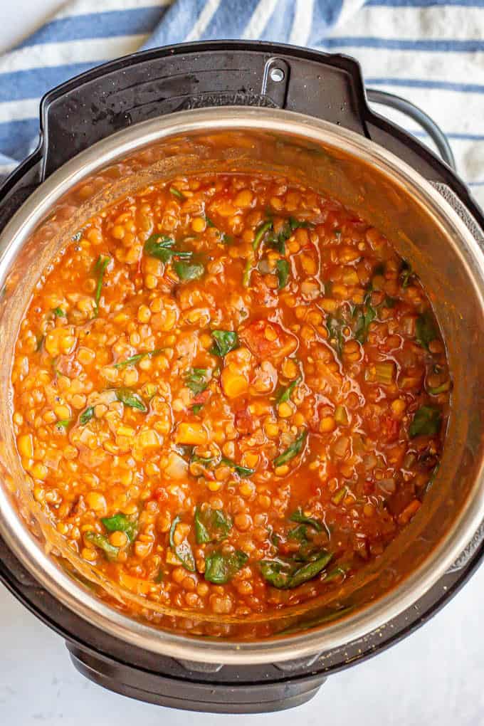 Lentil soup cooked in an Instant Pot