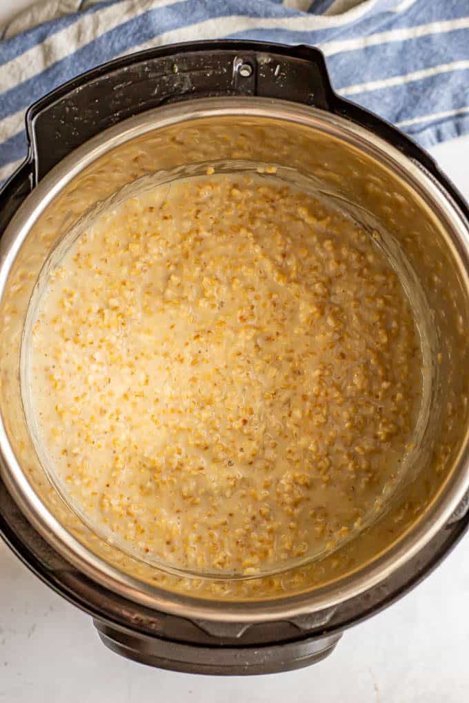 Cooked creamy steel cut oats in the Instant Pot
