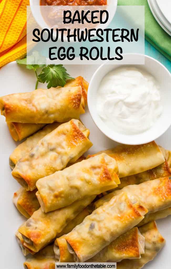 Baked southwestern egg rolls with chicken, black beans and cheese make a perfect game day or party appetizer - these are always a hit! #eggrolls #appetizers #gameday #partyfood