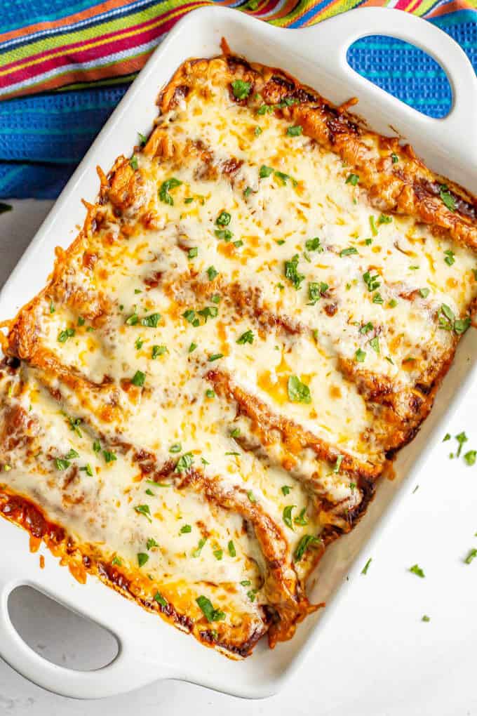 Baked vegetarian enchiladas with red sauce, melted cheese and cilantro in a large white casserole dish