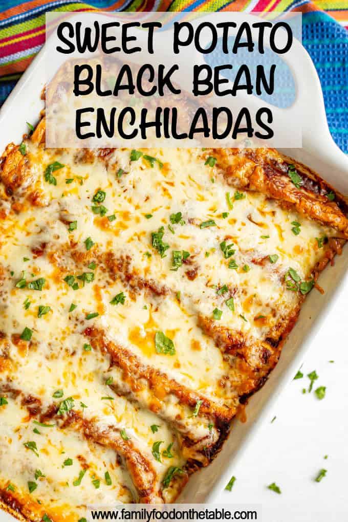 Sweet potato black bean enchiladas are seasoned to perfection and baked until bubbly for a delicious and hearty vegetarian meal. #enchiladas #vegetarian #vegetarianrecipes #meatlessMonday