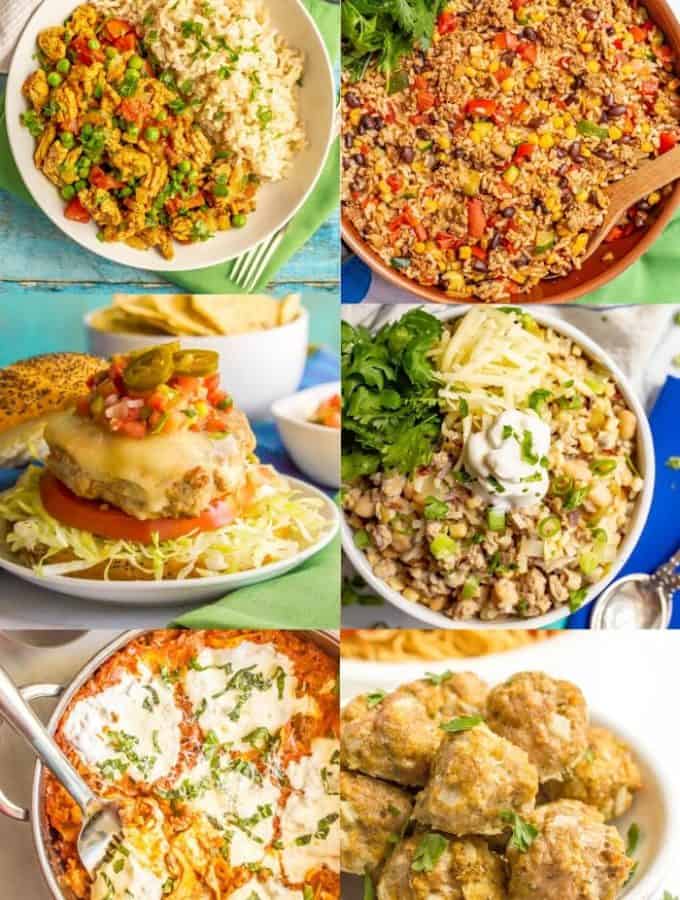 A photo collage of different dishes featuring ground turkey