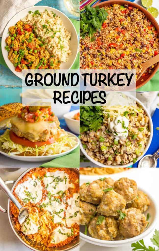 A photo collage of different dishes that feature ground turkey plus a text box