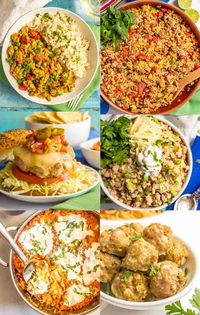 A photo collage of different dishes featuring ground turkey