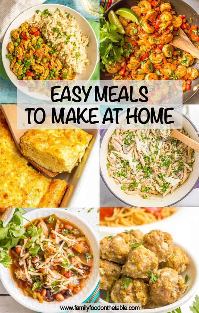 A collage of easy meals with on hand ingredients and a text box on top