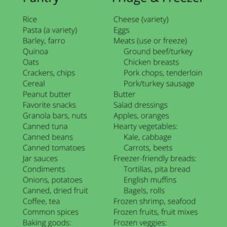 Food supplies stock-up list for pantry and fridge and freezer