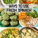 A collage of different foods that feature fresh baby spinach with a text box overlay