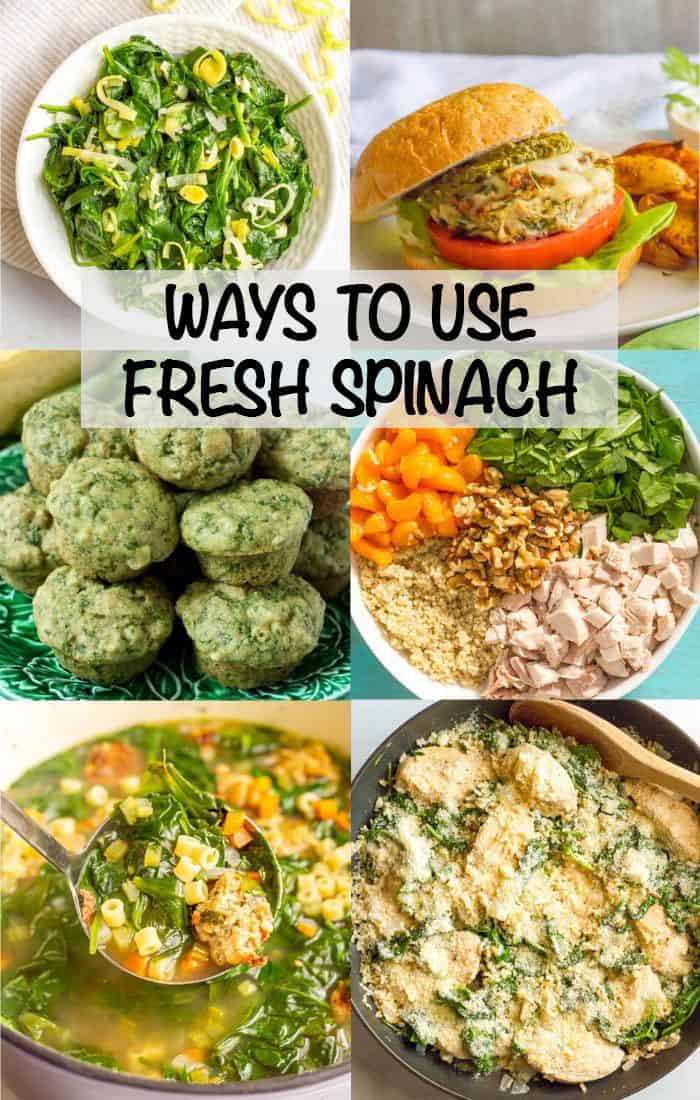 A collage of different foods that feature fresh baby spinach with a text box overlay