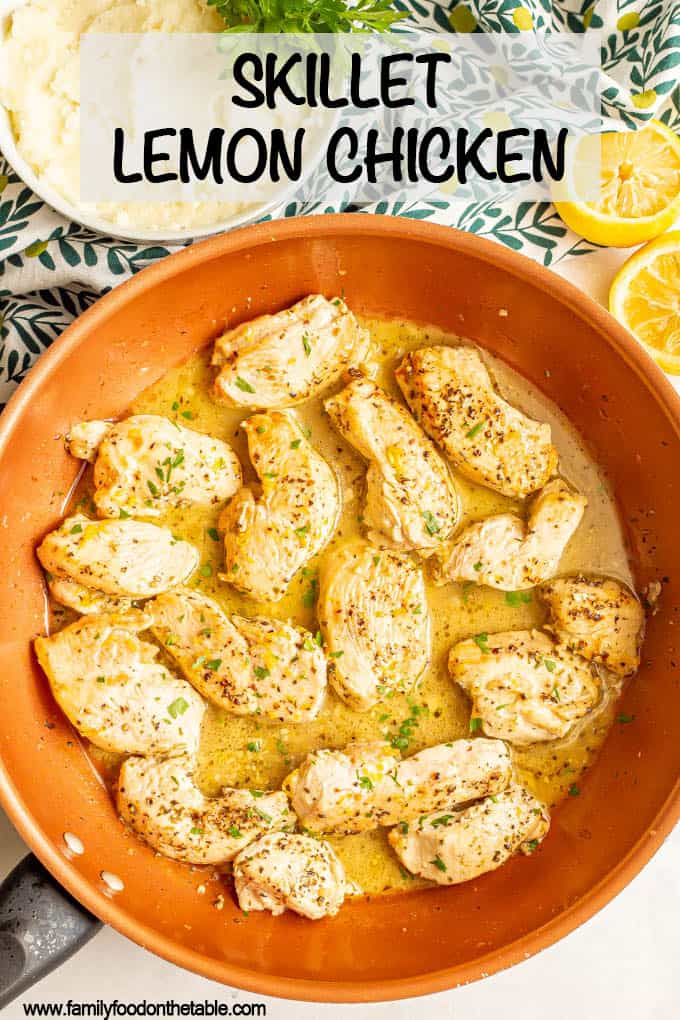 Strips of chicken breasts in a lemony sauce in a copper skillet