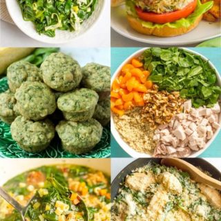 A collage of different foods that feature fresh spinach