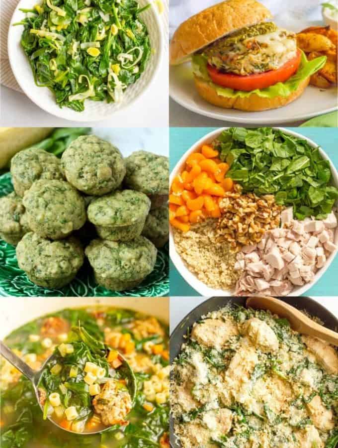 A collage of different foods that feature fresh spinach