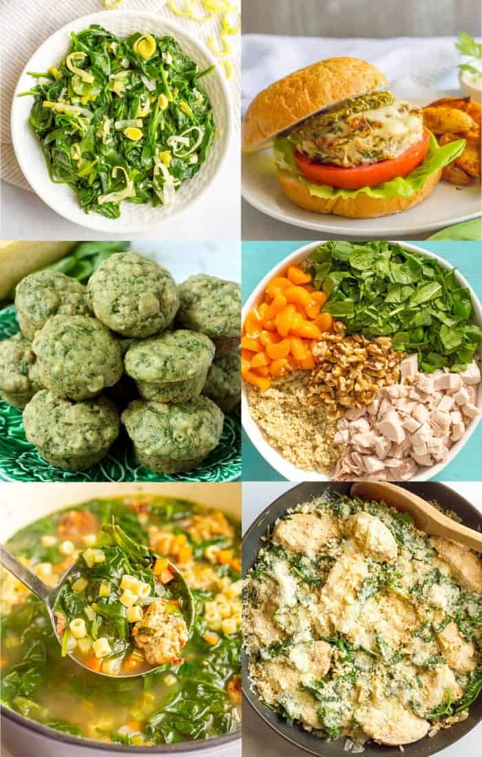 A collage of different foods that feature fresh spinach