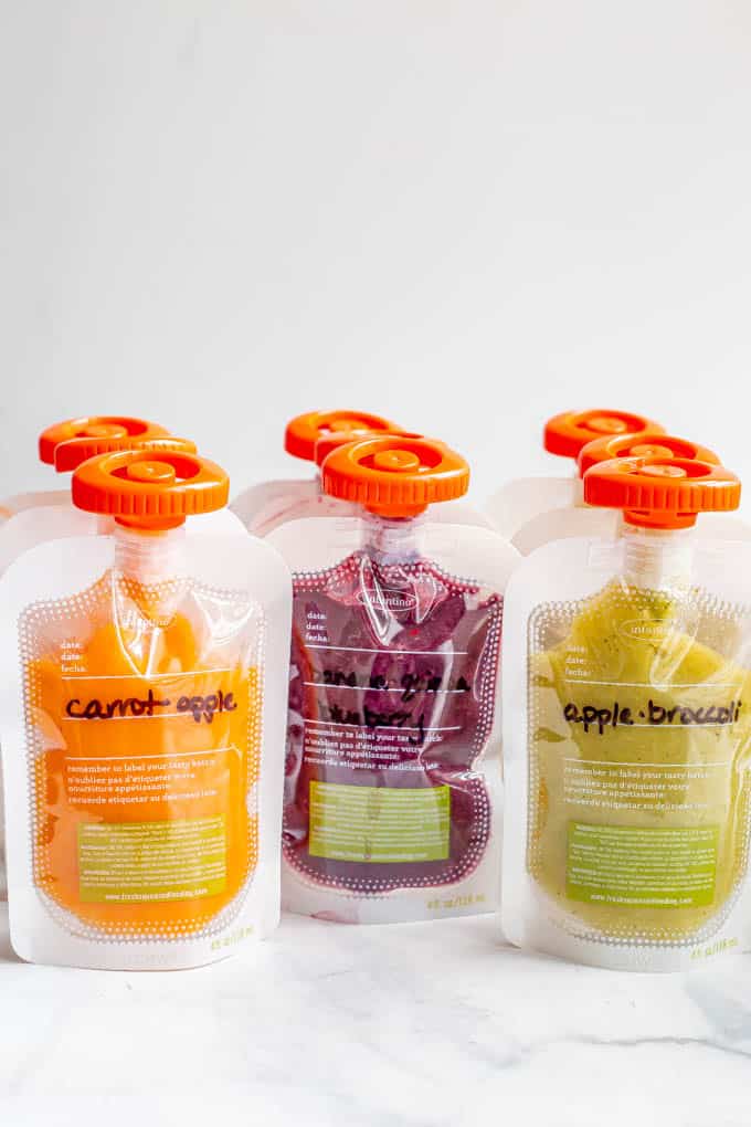 Homemade baby and toddler squeeze pouches in different flavors