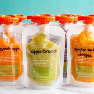 A collection of fruit and veggie baby squeeze pouches