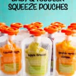A collection of fruit and veggie baby squeeze pouches with a text box on top
