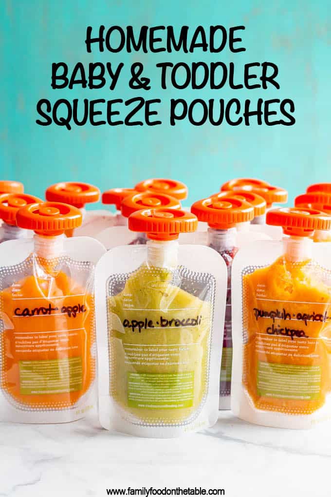 A collection of fruit and veggie baby squeeze pouches with a text box on top