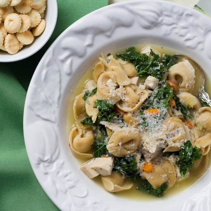 20-minute chicken and tortellini soup with kale
