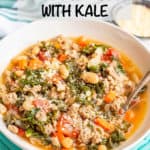 A ground turkey soup with white beans and kale served in a white bowl with a spoon and a text box on top