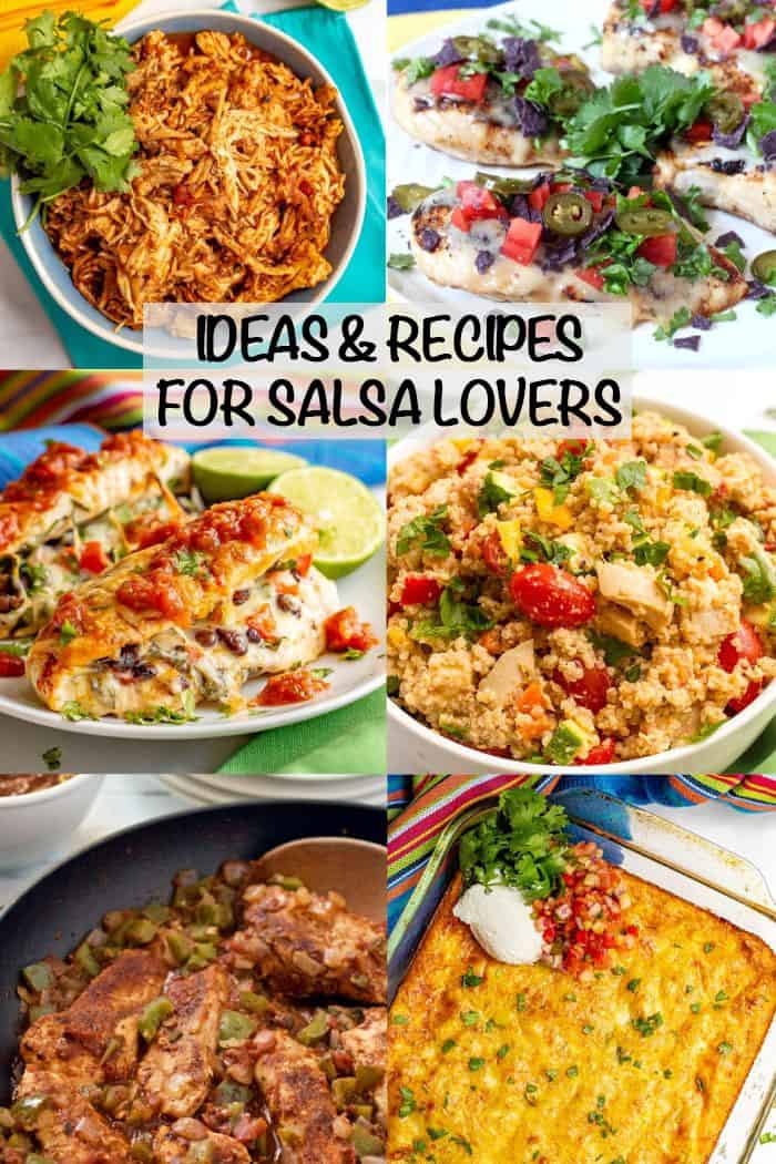 A collage of recipes using salsa with a text box on top