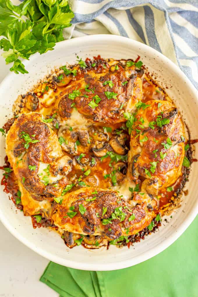 A casserole of roasted Italian chicken breasts with mushrooms, cheese and Marsala wine