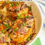 Chicken Lombardy in a large white casserole dish with parsley sprinkled on top after baking in the oven with a text box on top