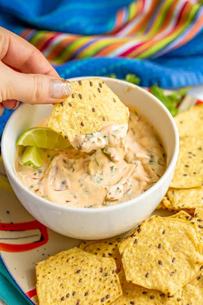 A chip being dipped into a creamy chili yogurt dip