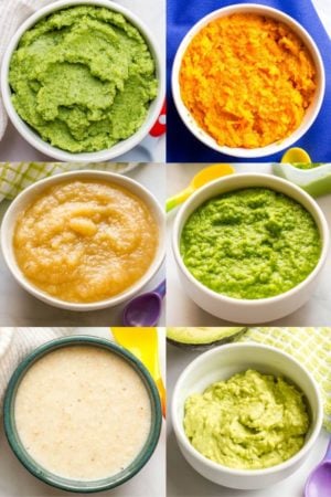 Collage of different bowls of first baby foods