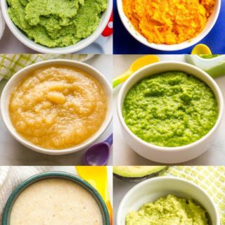 Collage of different bowls of first baby foods
