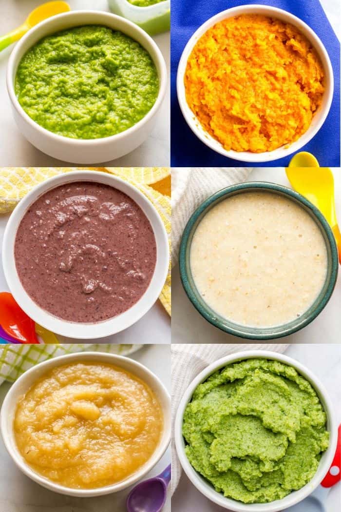 Different pureed baby foods in individual bowls arranged in a collage