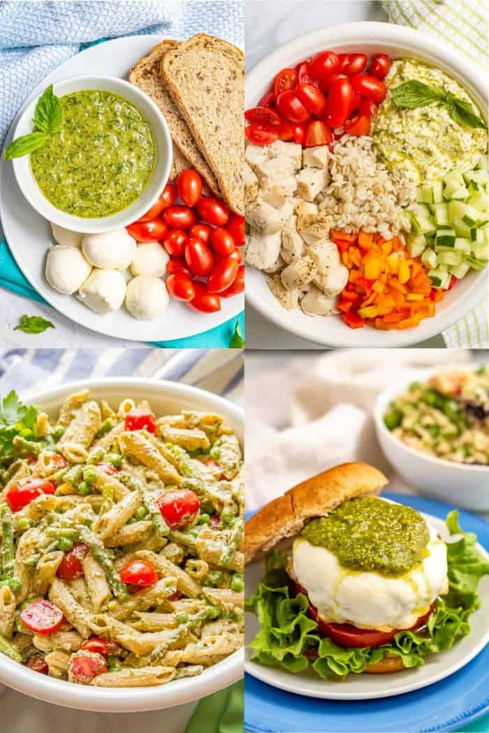 A collage of four photos that feature basil pesto