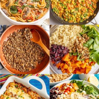 A collage of photos showing plant-based meals and substitutes for meat