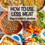 A collage of photos showing plant-based meals and substitutes for meat with a text box on top