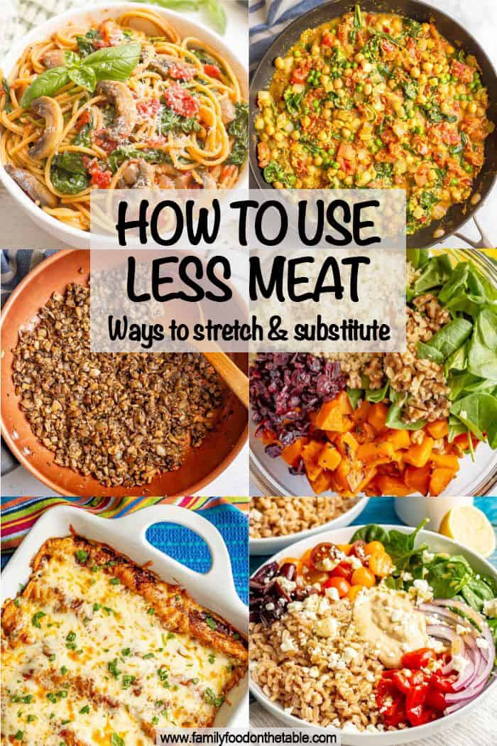 A collage of photos showing plant-based meals and substitutes for meat with a text box on top